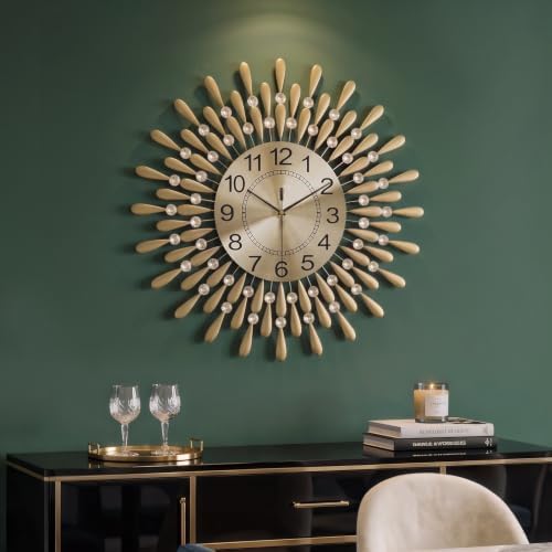 Cuspin 24 Inch Wall Clock Gold Crystal Sunburst Decorative Metal Clock - Image 3