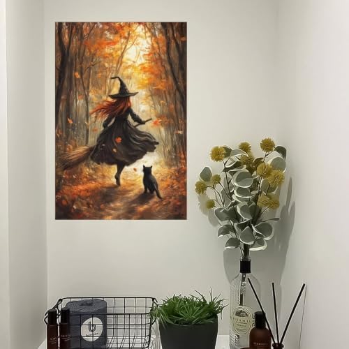 Forest Witch Black Cat Canvas Wall Art, Autumn Halloween Witch Poster Decor - Image 5