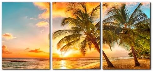 3 Panels Sea Landscape Modern Wall Art Ocean Sunset Canvas Prints Sea Beach by Pacimo