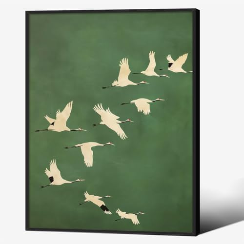 Emerald Green Gold Cranes Wall Art Japanese Bird Poster 08x10 inch Black Framed by Unknown