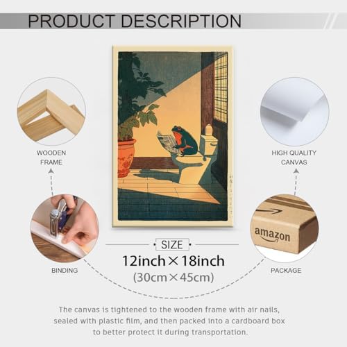 Japanese Frog Framed Wall Art Cute Animal Canvas Print Funny Frog On The Toilet - Image 2