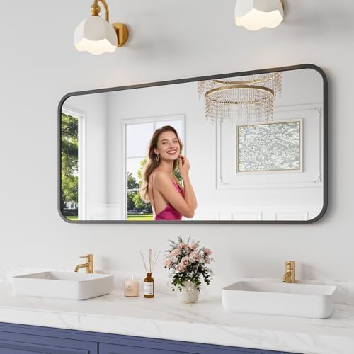 Koonmi Bathroom Mirror, 24X48 Brushed Black Metal Framed Wall-Mounted Mirror by KOONMI