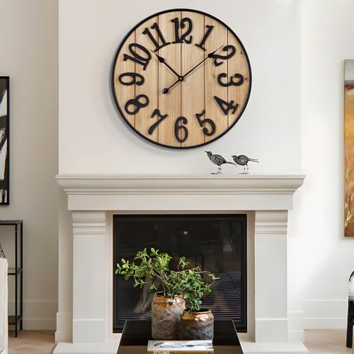 Large Wall Clock 30IN, Silent Metal Wood Style Wall Clocks Battery Operated by Henescribe