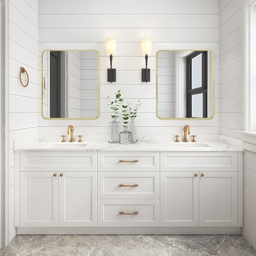 Gold Bathroom Mirror 30x36in, Metal Framed Rounded Rectangle Wall - Image 3