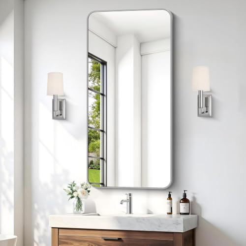 48x24 Inch Silver Bathroom Mirror, Metal Framed Silver Rectangle Mirror by WelcometoCIVENO