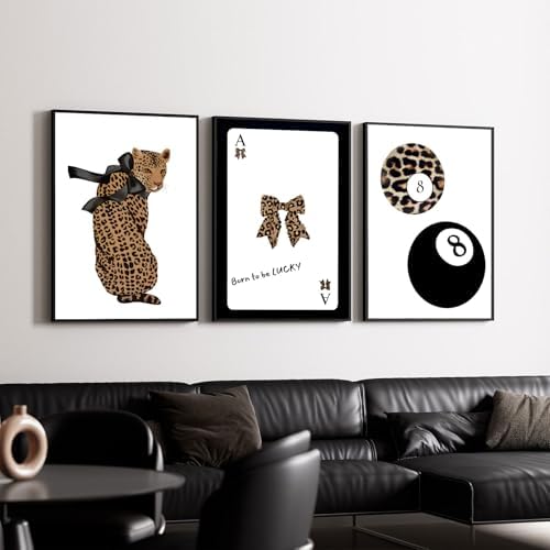 Set of 3 Trendy 8 Ball Leopard Wall Art Ace Card Bow Wall Decor Pictures Funky - Image 2