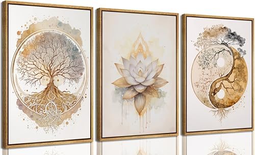 3pcs Framed Tree of Life Canvas Wall Art Gold Lotus Zen Painting Picture Wall by libitea