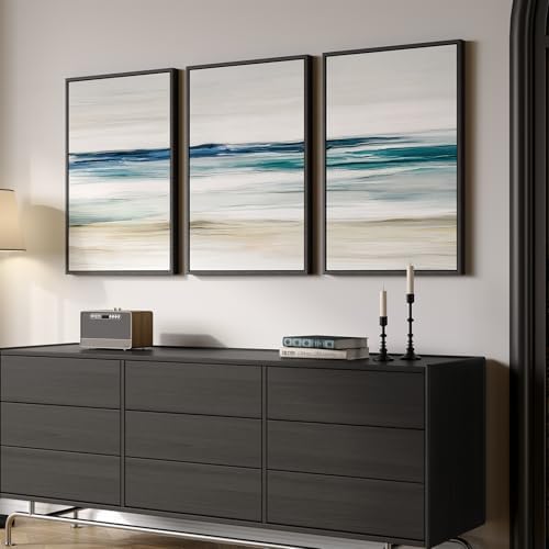 Large Framed Blue Abstract Coastal Ocean Wall Art - Image 2