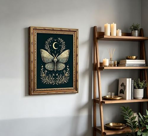 Vintage Gold Framed Celestial Moth Crescent Moon Wall Art Gothic Moody Ethereal - Image 5