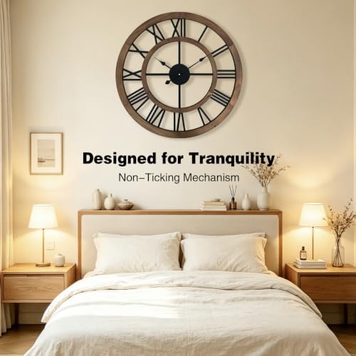 30 Inch Oversized Rustic Wall Clock Silent Non-Ticking Wooden Wall Clocks - Image 5