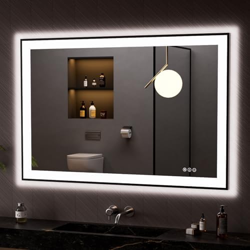 LOAAO 48"X32" LED Bathroom Mirror Black Framed by LOAAO