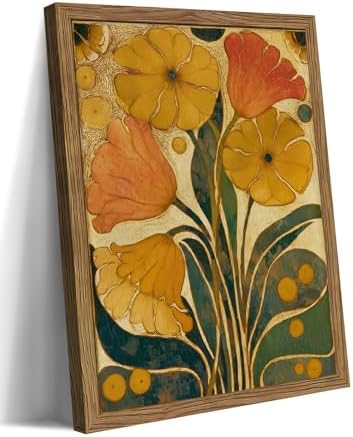 Framed Vintage Art Nouveau Floral Wall Art, Retro Rustic Botanical Artwork by Unknown