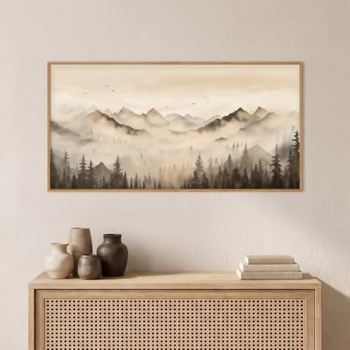Neutral Misty Mountain Forest Framed Canvas Wall Art-40"x20"x1 - Image 2
