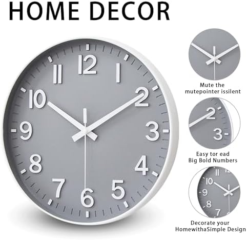 HZDHCLH 10 Inch Wall Clock Battery Operated Silent Non Ticking Gray Modern - Image 3