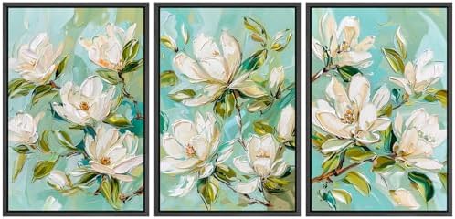 MUDECOR Framed Canvas Print Wall Art Abstract Magnolia Flower Teal Green by MUDECOR