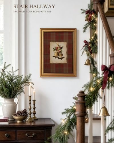 VIYYIEA Gold Framed Winter Christmas Canvas Wall Art, Vintage Christmas Bells - Image 5