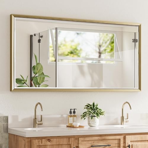 48 x 24 Gold Bathroom Mirror, Brushed Gold Beveled Bathroom Mirror, by QUEENFUN