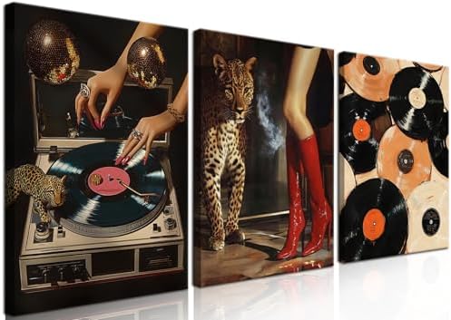 Framed Trendy Leopard Canvas Wall Art Set of 3, Funky Cheetah Music Vinyl by Unknown