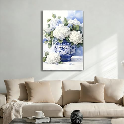 ZERILYN Ship Next Day Blue and White Hydrangea Wall Art Canvas Prints Floral - Image 2
