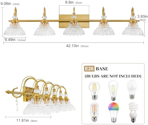 Vintage Bathroom Vanity Light, 5-Light Brushed Gold Finish Wall Sconce - Image 6