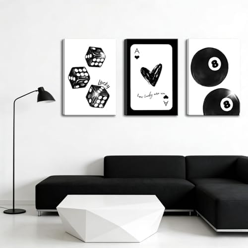 3Pcs Black and White Lucky Dice Canvas Wall Art Trendy Lucky 8 Ball Pictures - Image 2