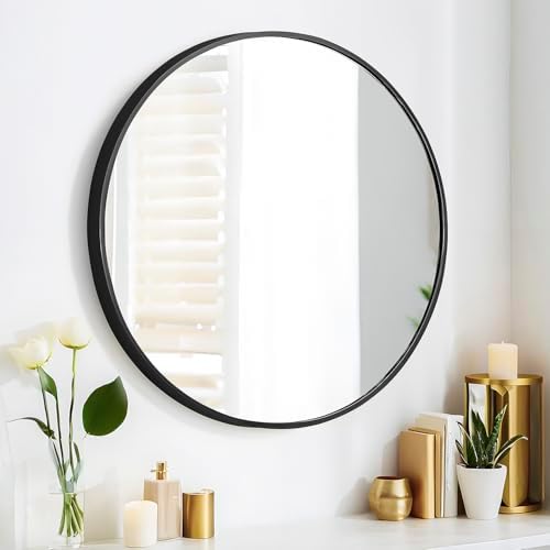 SCWF-GZ 24" Round Mirror Circle Wall Mounted Hanging/Against Wall Black by SCWF-GZ