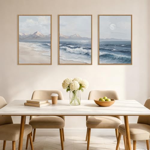 HLNIUC Blue Ocean Wave Framed Canvas Wall Art, Large Modern Sea Beach Wall Decor - Image 3