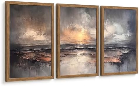 Framed Moody Coastal Sunset Ocean Landscape Canvas Wall Art Set of 3 by Unknown