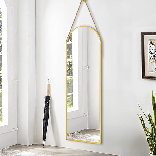 Dewfig 48"x16" Arched Full Length Mirror, Wall Mirror, Leather Strap - Image 2
