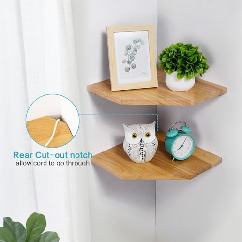 Corner Wall Shelves Set 2 Wire Hole Solid Oak Wood Display Shelf - Image 5