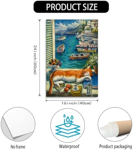 Coastal Cat Poster Mediterranean Seaside View Canvas Wall Art - Image 3