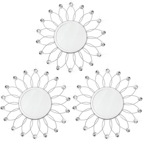 3 Pack Metal Mirrors for Wall Sunburst Wall Mirror Silver Crystal Wall Art by Uaussi