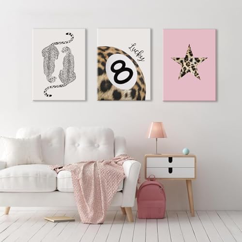 Hwetui Trendy Leopard Canvas Wall Art Set of 3 Funky Lucky 8 Ball Posters - Image 3