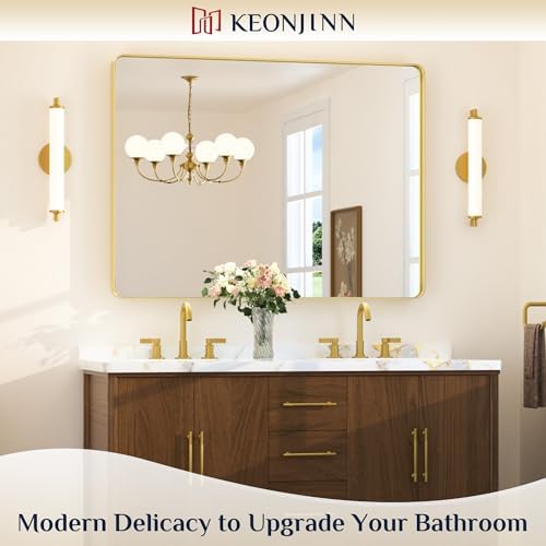 Keonjinn 48 x 36 Inch Brushed Gold Bathroom Vanity Mirror, Tempered Glass - Image 2