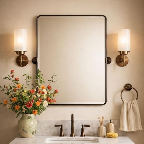 Farmhouse Pivot Rectangle Bathroom Mirror Matt Black Metal Framed Tilting by TEHOME