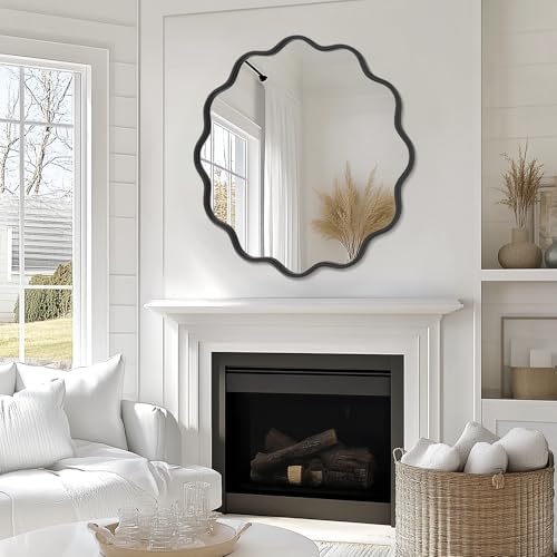 PROHOMEWARE Black Round Mirror 36 Inch Wavy Bathroom Vanity Mirror Black Frame - Image 5