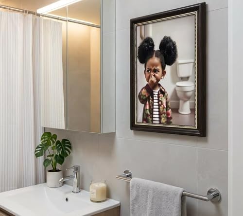 Dark Brown Framed Canvas Wall Art Funny African American Girl Bathroom Painting - Image 4