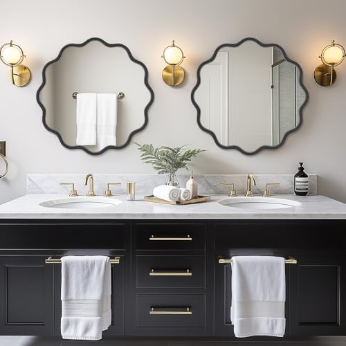 PROHOMEWARE Black Round Mirror 24 Inch Wavy Bathroom Vanity Mirror Black Frame - Image 2