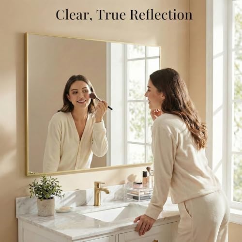 48"x36" Satin Gold Large Framed Bathroom Vanity Wall Mirror - Image 5