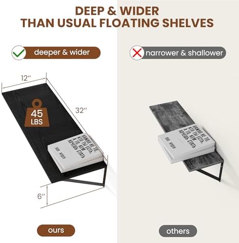 Heimlove 32W x 12D Deep Floating Shelves Set of 2 Black - Image 3