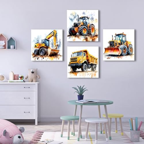 Set of 4 Construction Vehicles Canvas Wall Art Large Boys Room Pictures - Image 2