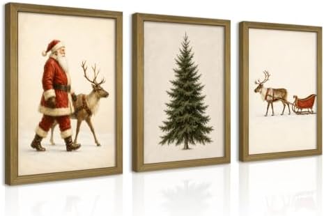 3 Piece Framed Vintage Christmas Wall Art Set, Santa Claus Reindeer Sleigh and by Unknown