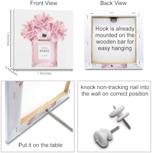 QINGTAI 4 Pcs Pink Fashion Canvas Wall Art, Perfume Handbag Wall Decor - Image 2