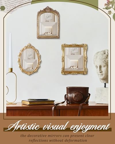 Wonderjune 3 Pcs Vintage Gold Wall Mirror Set, Retro Mixed Style - Image 5