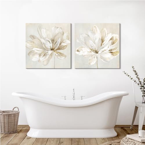 SEVEN WALL ARTS 2 Pcs Beige and Gold Flower Wall Art Blooming Flower Abstract - Image 2