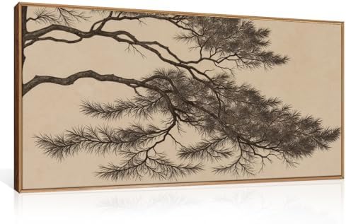 LHIUEM Large Vintage Pine Tree Branch Framed Canvas Wall Art, Sketch Botanical by LHIUEM