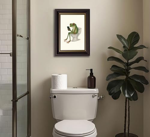 Dark Brown Framed, Funny Frog Wall Art-Whimsical Frog on Toilet - Image 2