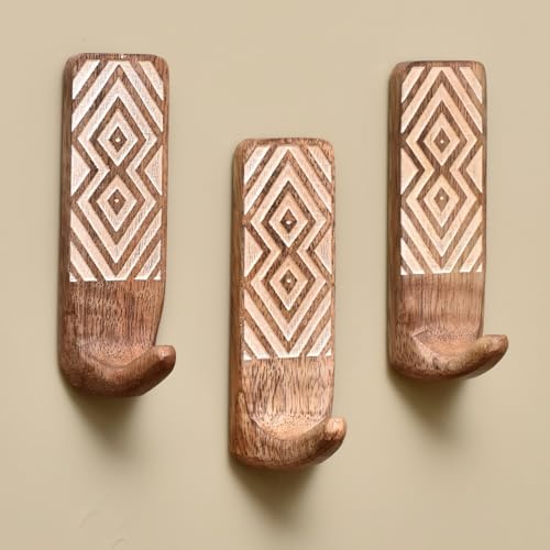 Indian Shelf 3 Boho Wood Adhesive Wall Hooks Peel Stick by IndianShelf