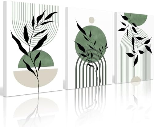 Mid Century Modern Wall Art Set of 3 Sage Green Canvas Wall Art Boho Prints by Baccone