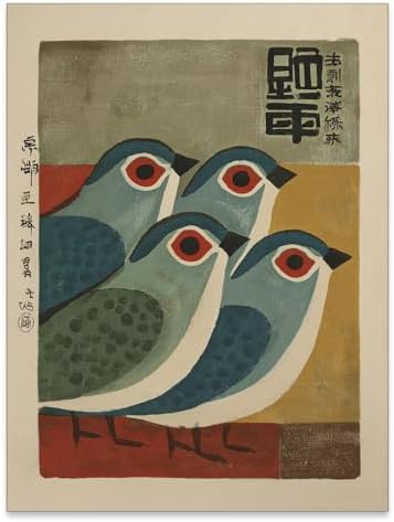 Japanese Mid Century Blue Bird Posters Prints Vintage Animal Canvas Wall Art by Unknown